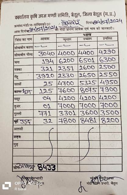 Today Betul Mandi Bhav : कृषि उपज मंडी बैतूल में आज 24 जुलाई 2024 के भाव