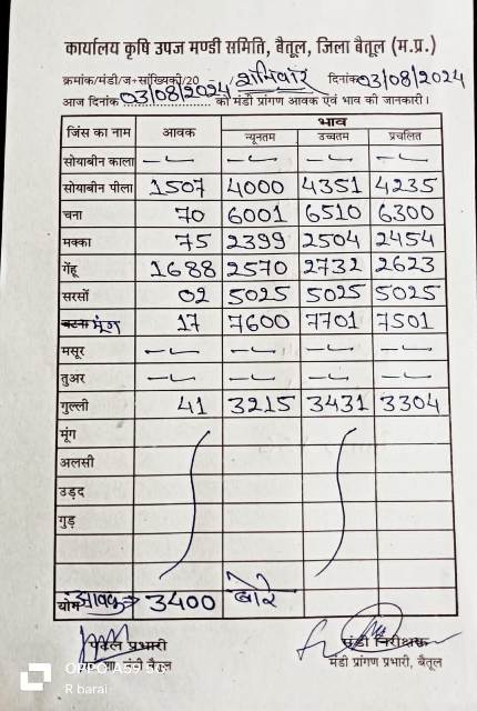 Today Betul Mandi Bhav : कृषि उपज मंडी बैतूल में आज 03 अगस्त 2024 के भाव